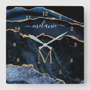 Horloge Carrée Agate Bleu Nuit Or Pierre de Marbre Nom Personnali