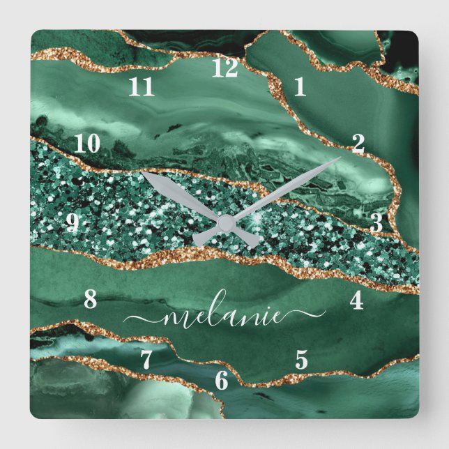 Horloge Carrée Agate Green Gold Parties scintillant Geode Marbre  (Recto)