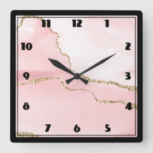 Horloge Carrée Agate rose vierge avec ruban or Élégant