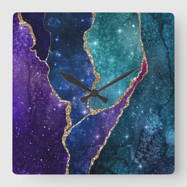 Horloge Carrée Agate Veines Bleu Violet Aqua Or (Recto)