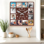 Horloge Carrée Agritourisme rustique en acajou en bois 12 Photo C<br><div class="desc">Rustic Mahogany Grange Bois Ferme 12 Photo Collage Carré Horloge murale. Grande belle grange blanche rustique bois vintage nom de famille personnalisé année déco murale horloge. La planche en bois de campagne parfaite recherchent n'importe quelle maison ou cuisine.</div>
