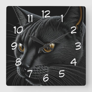 Horloge Carrée AI Chat noir avec yeux jaunes