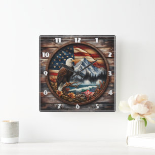 Horloge Carrée Aigle Américain Perché Près D'Un Paysage Montagneu