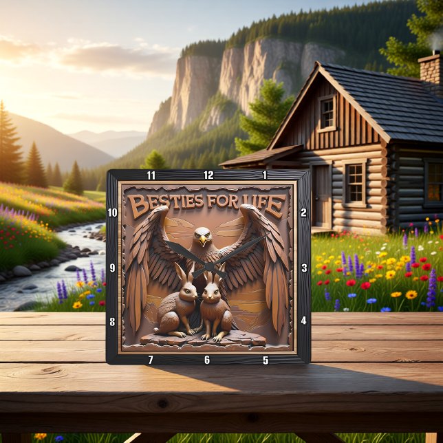 Horloge Carrée Aigle Lapin Texturé Forêt (Créateur téléchargé)