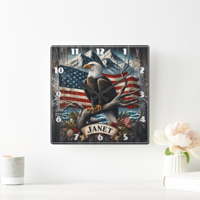 Horloge Carrée Aigle sur la branche avec drapeau (Maison)