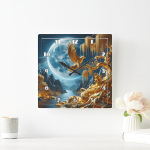 Horloge Carrée Aigle sur une branche en clair de lune