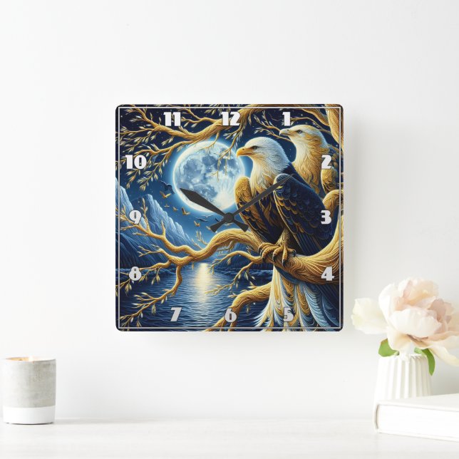 Horloge Carrée Aigles perchés sur la branche sous ciel clair de l (Maison)
