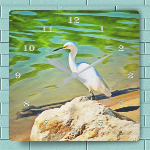 Horloge Carrée Aigrette sur la rivière Mismaloya 0335