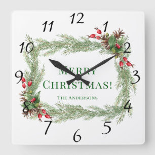 Horloge Carrée Aiguilles de pin des baies rouges Joyeux Noël