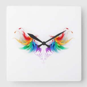 Horloge Carrée Ailes fluffy arc-en-ciel