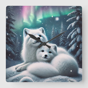 Horloge Carrée Aimer Les Renards De L'Arctique Lumières Du Nord F