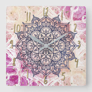 Horloge Carrée Airy Mandala Happy Pink Purple Yellow