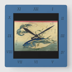 Horloge Carrée Aji & Ebi - Poisson japonais coloré Hiroshige