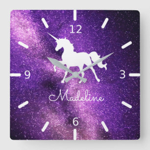 Horloge Carrée AJOUTEZ VOTRE NOM/Unicorne d'espace violet