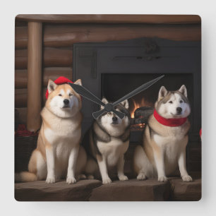 Horloge Carrée Akita au coin du feu de Noël