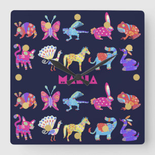Horloge Carrée Alebrije personnalisée Animaux mexicains Art popul
