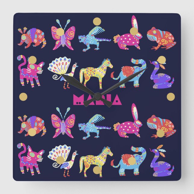 Horloge Carrée Alebrije personnalisée Animaux mexicains Art popul (Recto)
