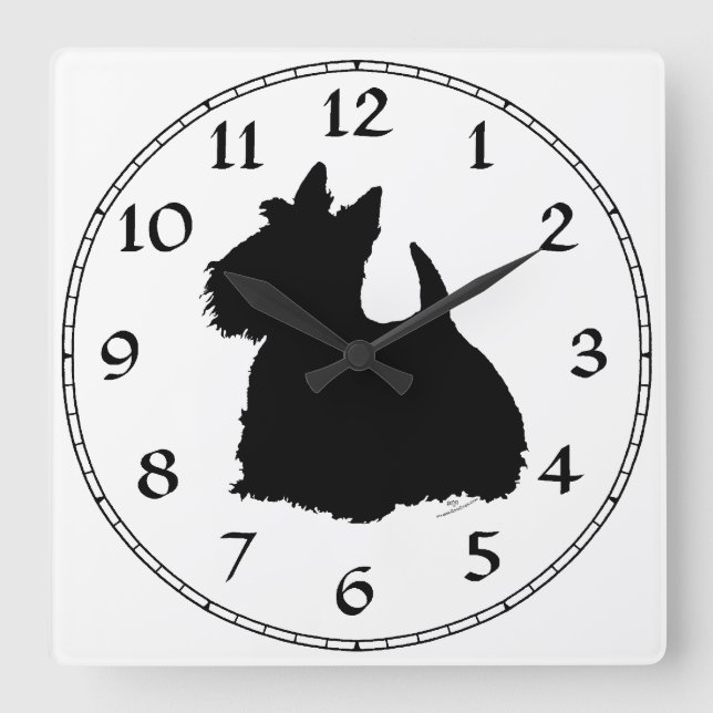 Horloge Carrée Alert Scottish Terrier Silhouette (Recto)