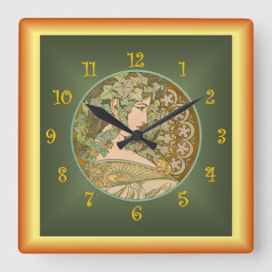 Horloge Carrée Alfons Mucha ~ Le Lierre 01 ~ Ivy ~ Art Nouveau