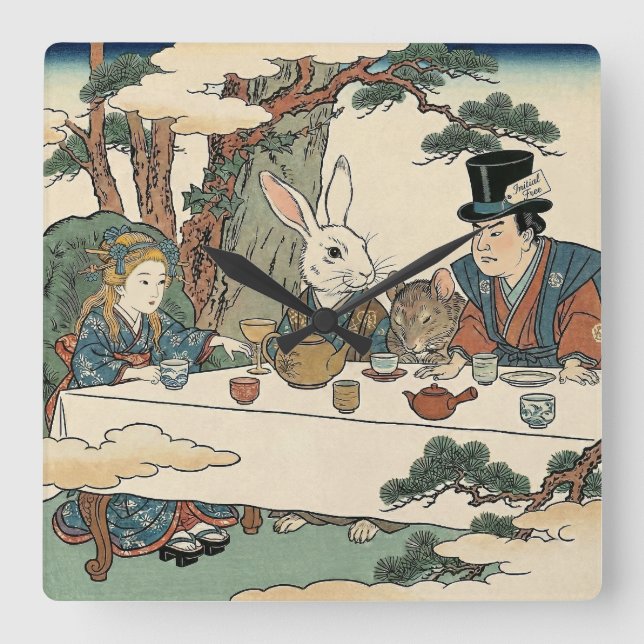 Horloge Carrée Alice Lost in Japan | Ukiyo-e Mad Tea Party (Recto)