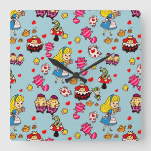 Horloge Carrée Alice Wonderland Mad Hatter Cat Doodle