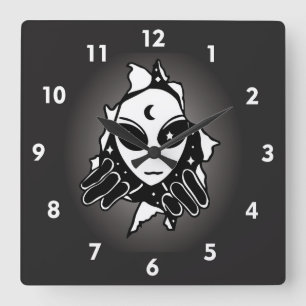 Horloge Carrée Alien Mignon qui regarde à travers un trou dans le