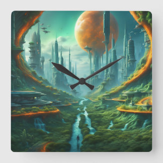 Horloge Carrée Alien Nature & Futuriste Ville Surreal Sci-Fi Art