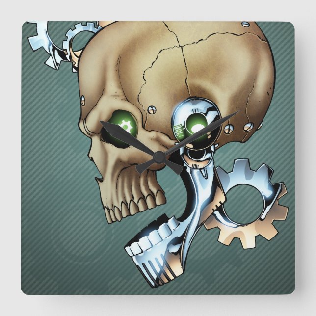 Horloge Carrée Alien Robot Skull de l'avenir dans Chrome + os (Recto)