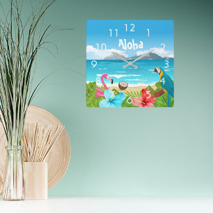 Horloge Carrée Aloha tropical beach flamingo florals
