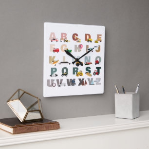 Horloge Carrée Alphabet ABC Camions Mignons, Véhicules de Transpo