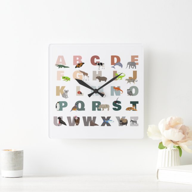 Horloge Carrée Alphabet Animaux ABC Mignon (Maison)