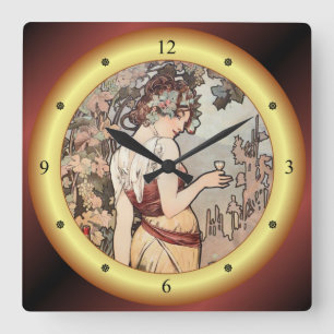 Horloge Carrée Alphonse Mucha ~ Affiche Cognac ~ Annonce Cognac ~