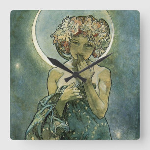 Horloge Carrée Alphonse Mucha Art Nouveau Femme Éblouissante #18