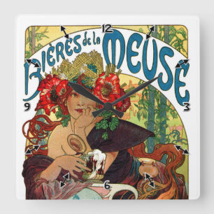 Horloge Carrée Alphonse Mucha Bieres De La Meuse