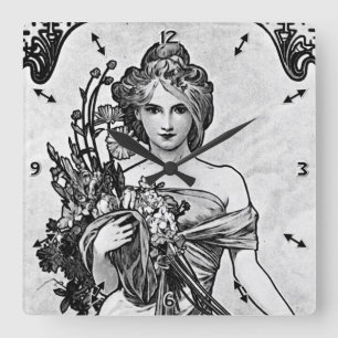 Horloge Carrée Alphonse Mucha brisé les fleurs