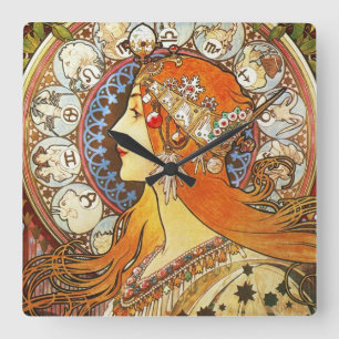 Horloge Carrée Alphonse Mucha La Plume Zodiac Art Nouveau Vintage