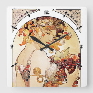 Horloge Carrée Alphonse Mucha Lady Au Fruit