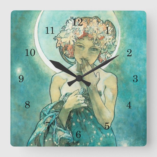 Horloge Carrée Alphonse Mucha Lune Clair De Lune Art Nouveau (Recto)