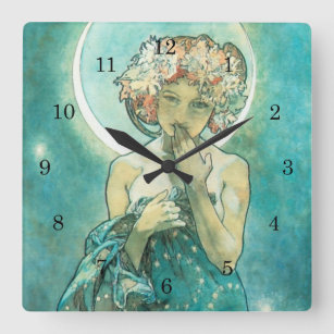 Horloge Carrée Alphonse Mucha Lune Clair De Lune Art Nouveau