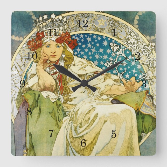 Horloge Carrée Alphonse Mucha Princess Hyacinth Art Nouveau (Recto)