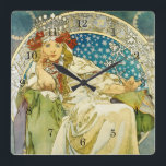 Horloge Carrée Alphonse Mucha Princess Hyacinth Art Nouveau<br><div class="desc">Alphonse Mucha Princess Hyacinth Art Vintage Une belle dame Art Nouveau. Alfons Mucha, souvent connu en français et en anglais sous le nom d'Alphonse Mucha, était un peintre et artiste décoratif de l'Art Nouveau tchèque, connu pour son style distinct. Il a produit de nombreux tableaux, illustrations, publicités, cartes postales et...</div>