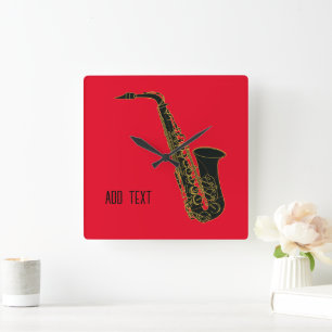 Horloge Carrée Alto Saxophone sur Rouge Personnalisable