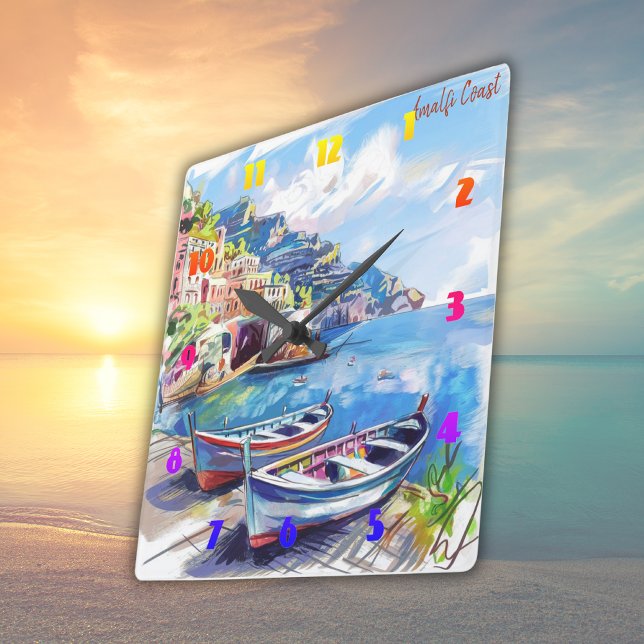 Horloge Carrée Amalfi Coast Italy Aquarelle Sketch | (Créateur téléchargé)