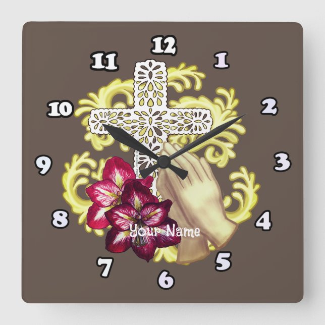 Horloge Carrée Amaryllis Croix Chrétien  (Recto)