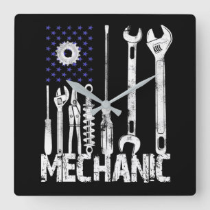 Horloge Carrée Amateurs mécaniques   Mechanic USA Drapeau