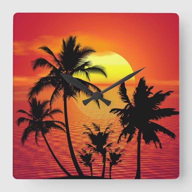 Horloge Carrée Amazing sunset with palms on tropical beach (Recto)