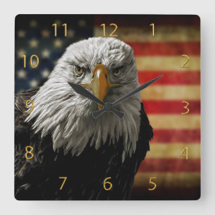 Horloge Carrée American Bald Eagle on Grunge Flag