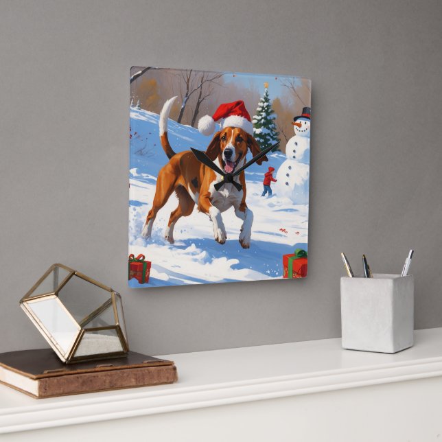 Horloge Carrée American English Foxhound Noël Festive Neige (Bureau)
