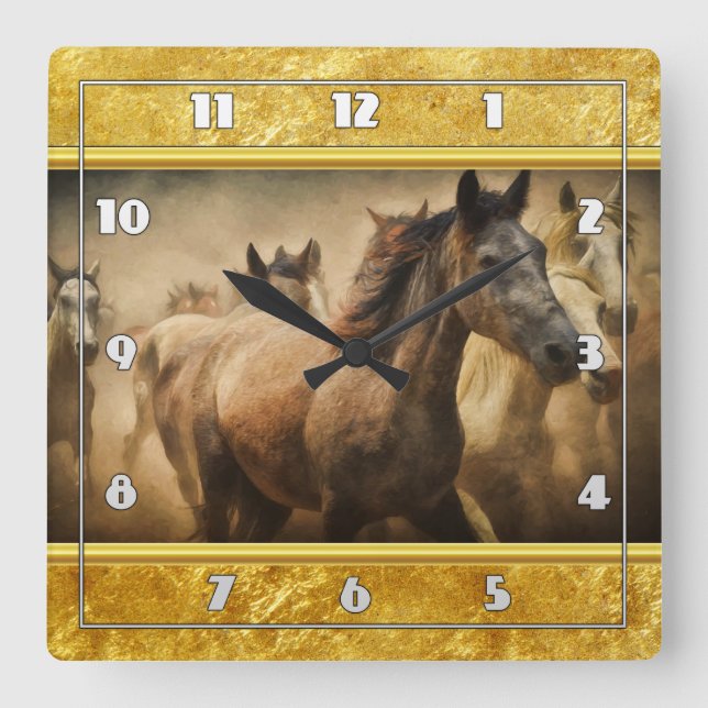 Horloge Carrée American Quarter Horse avec design feuille d'or (Recto)