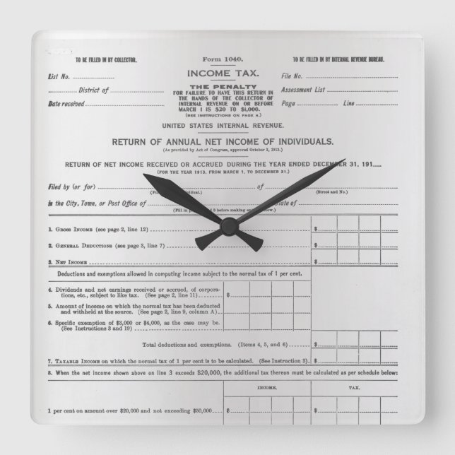 Horloge Carrée America's First Income Tax Form Silver Gray Black (Recto)